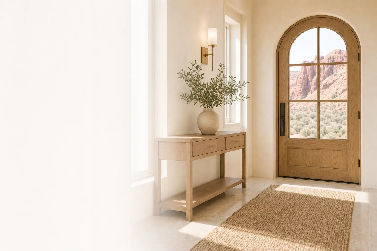 Calm, spotless entry hall of a Santa Clara, Utah home with a wooden console table and morning light