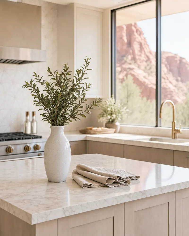 Bright, freshly cleaned kitchen with stone counters in a Santa Clara, Utah home
