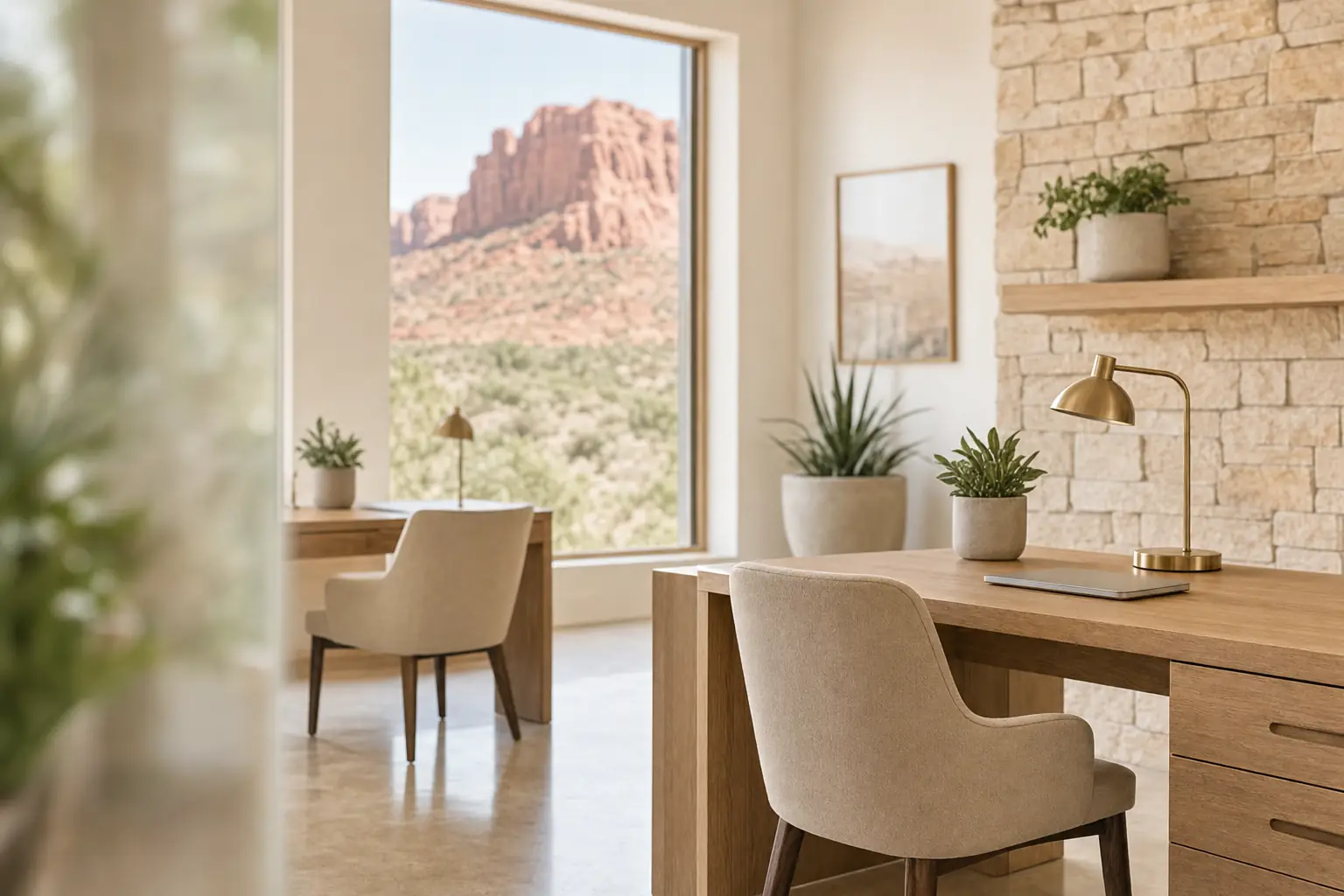 Clean modern office with wood desks and a red-rock view in Southern Utah