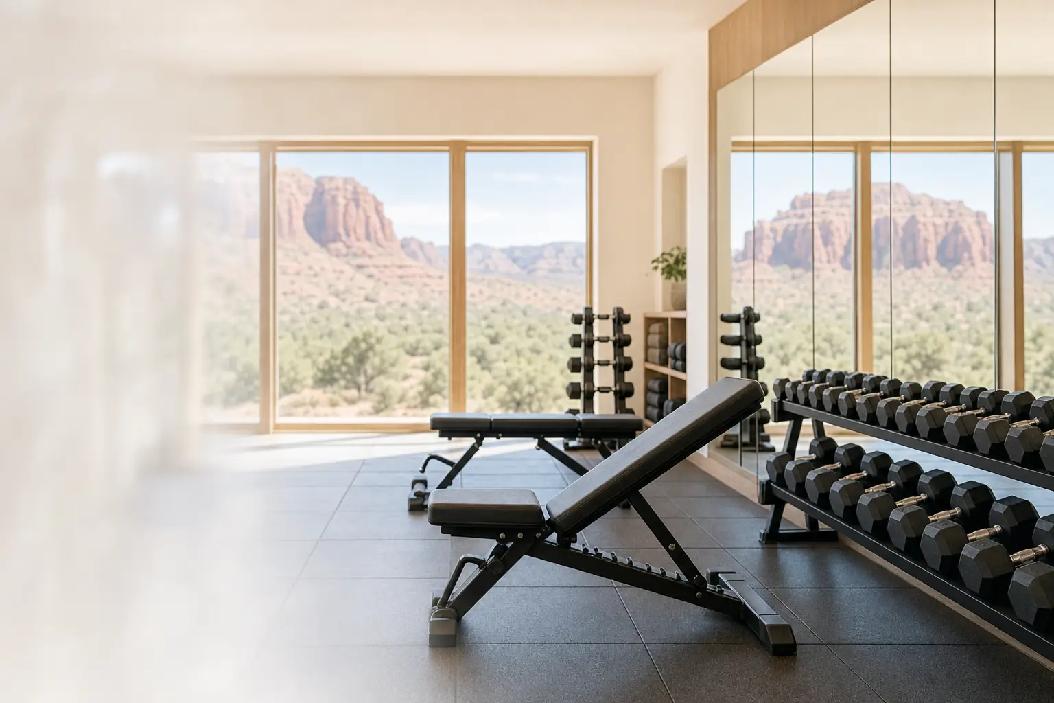 Clean fitness studio with racked weights in Southern Utah
