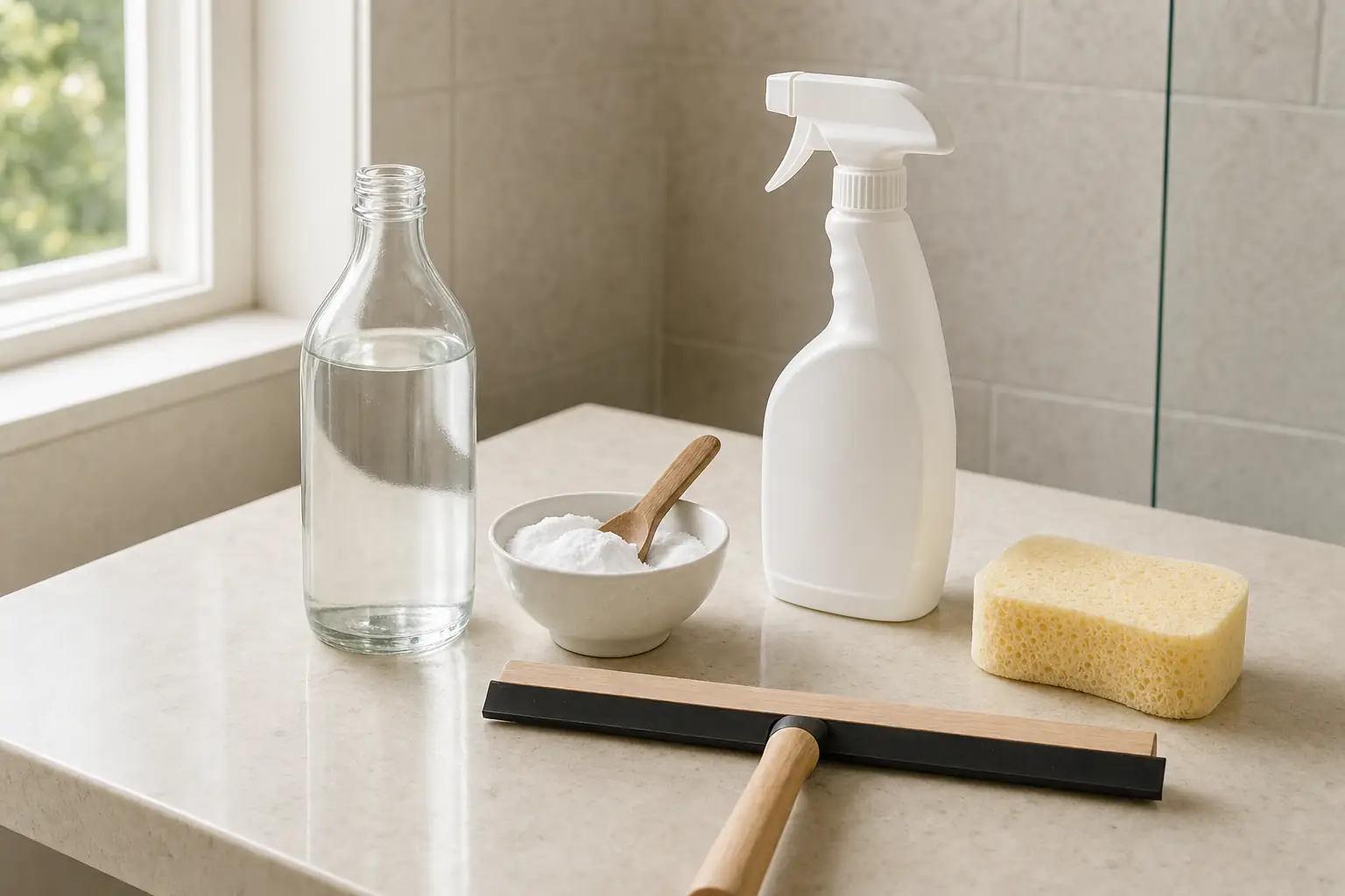 White vinegar, a bowl of baking soda, a spray bottle, a soft sponge and a squeegee on a pale stone counter