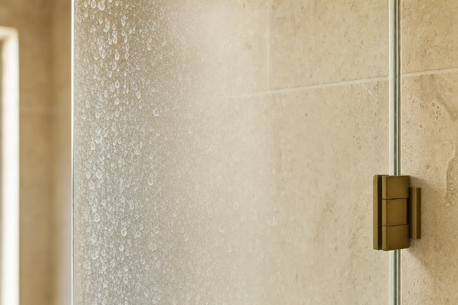 Close-up of white hard water spots and cloudy mineral film on a glass shower door