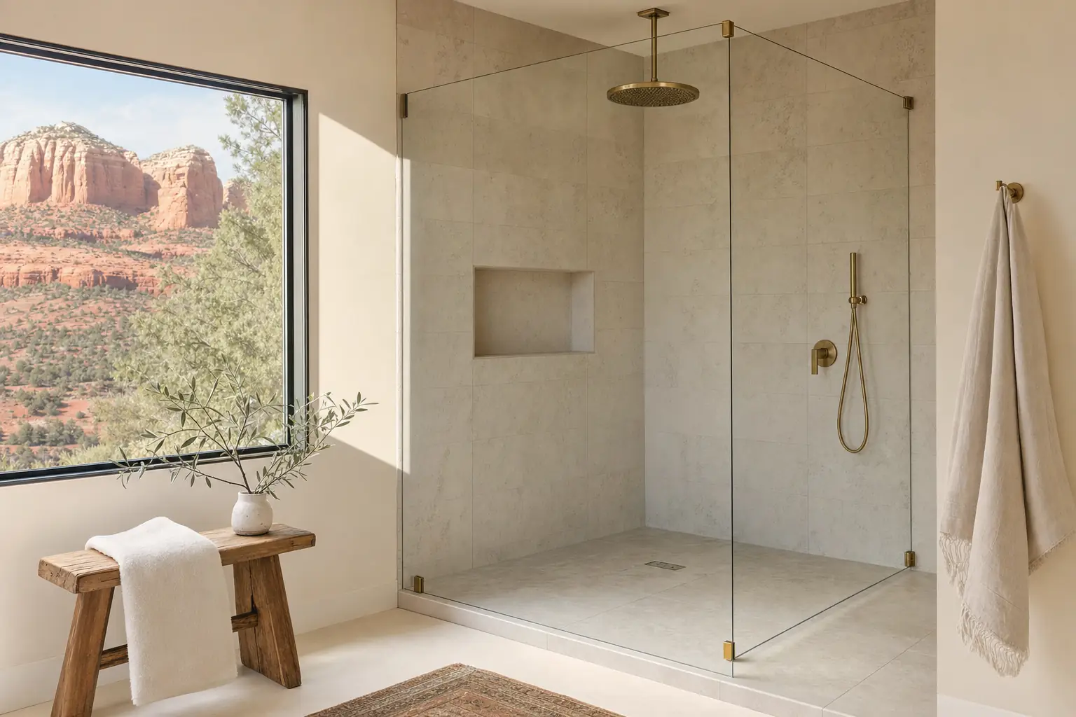 Clear frameless glass shower with pale stone tile and brass fixtures in a bright Santa&nbsp;Clara, Utah bathroom