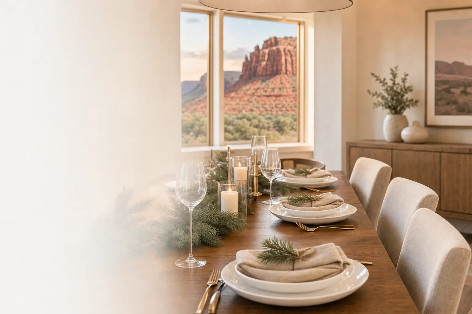 Clean dining room set for a holiday dinner in a Santa Clara, Utah home