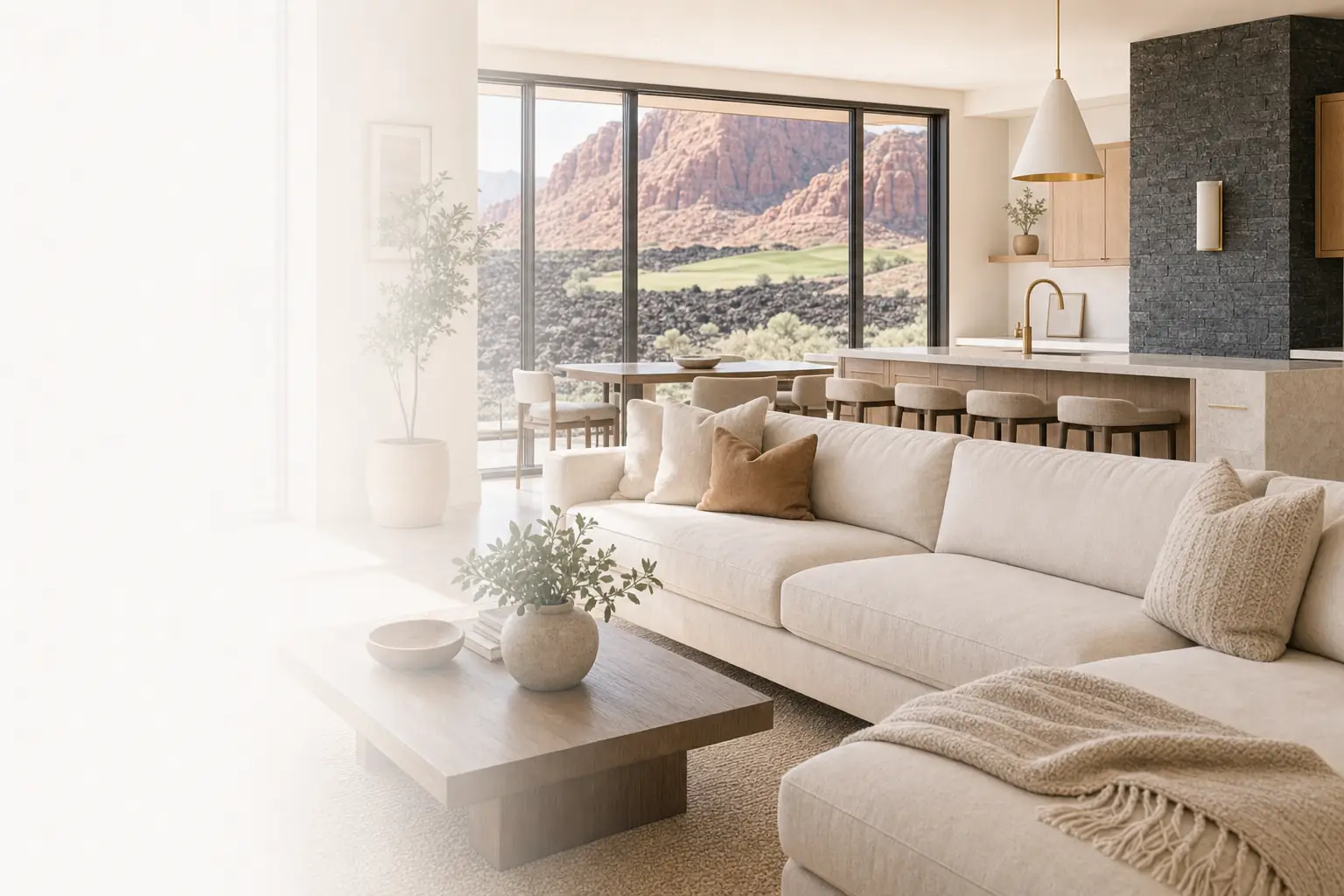 Guest-ready condo living room at Black Desert Resort with lava field views