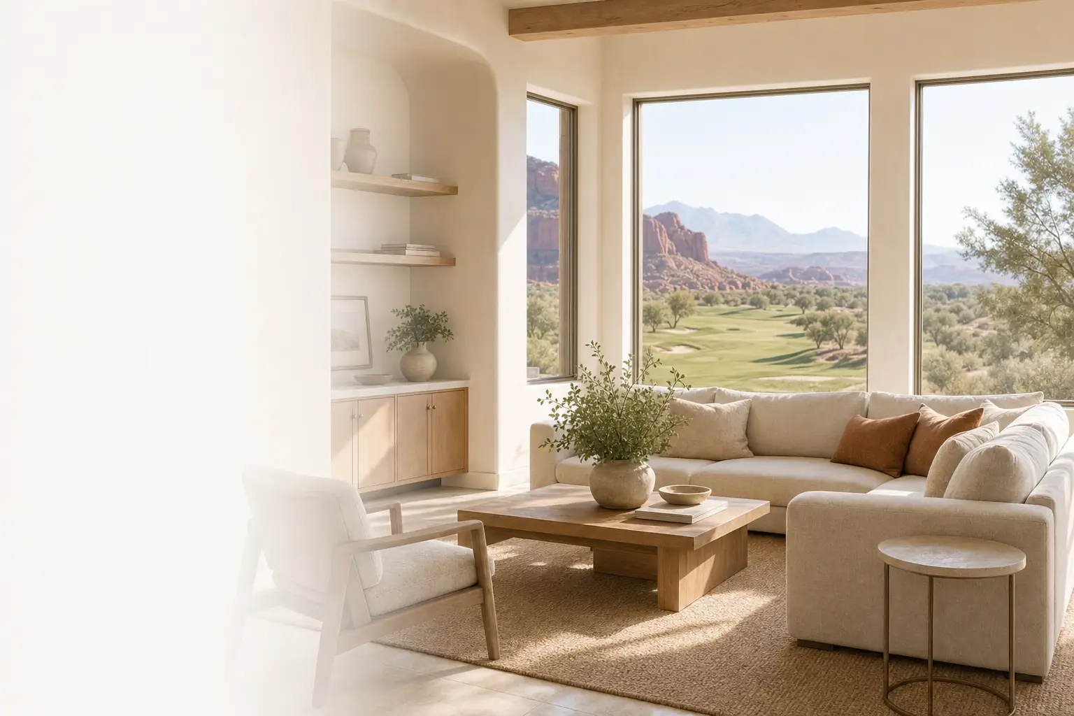 Clean family room in a Coral Canyon home with a golf course view