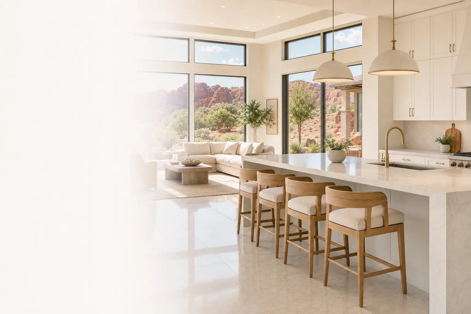 Clean open kitchen and living room in a new Desert Color home, St. George