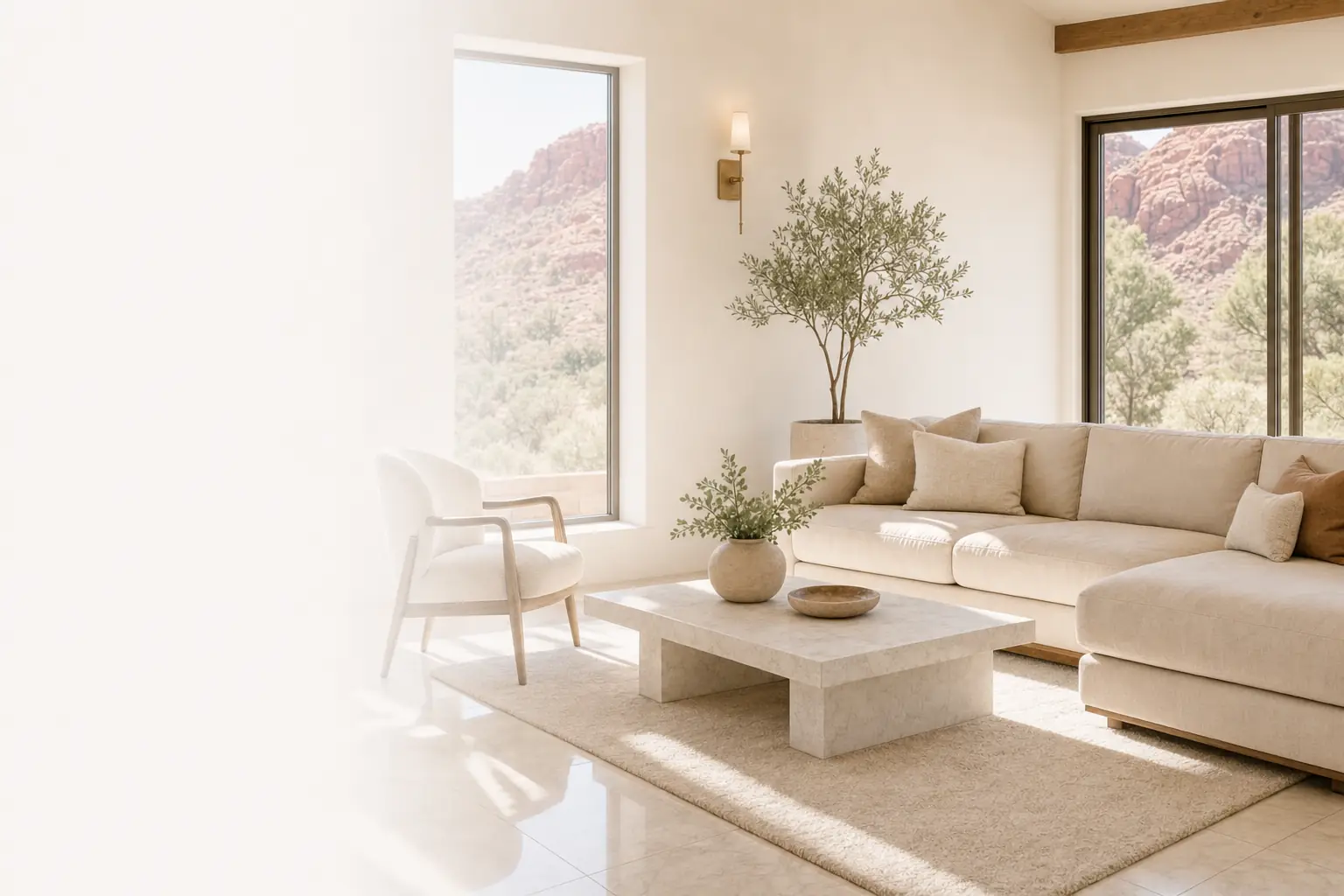 Clean living room in a Green Valley home, St. George, with red hills outside