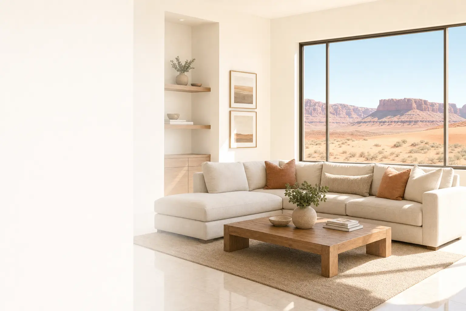 Clean family room in a Hurricane, Utah home with red sand and mesa views