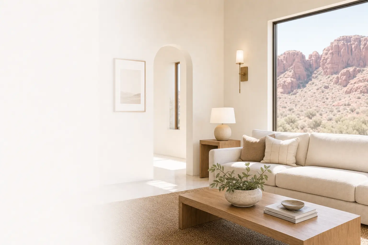 Bright living room in an Ivins, Utah home looking out at red cliffs