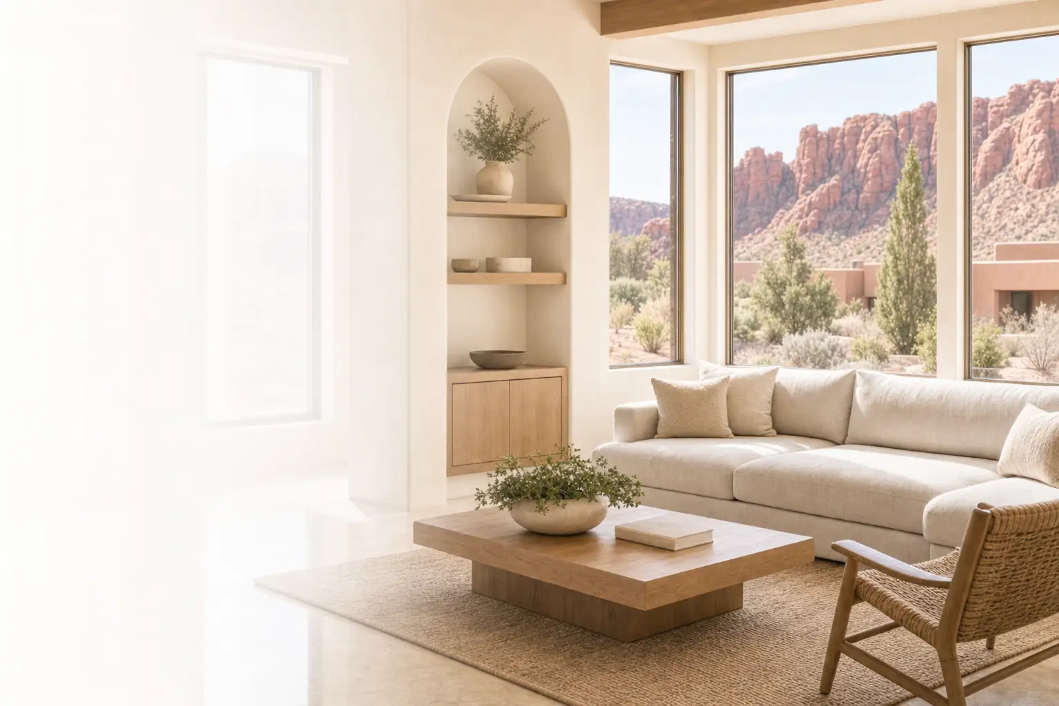 Clean living room in a low-profile Kayenta home with a view of red rock cliffs