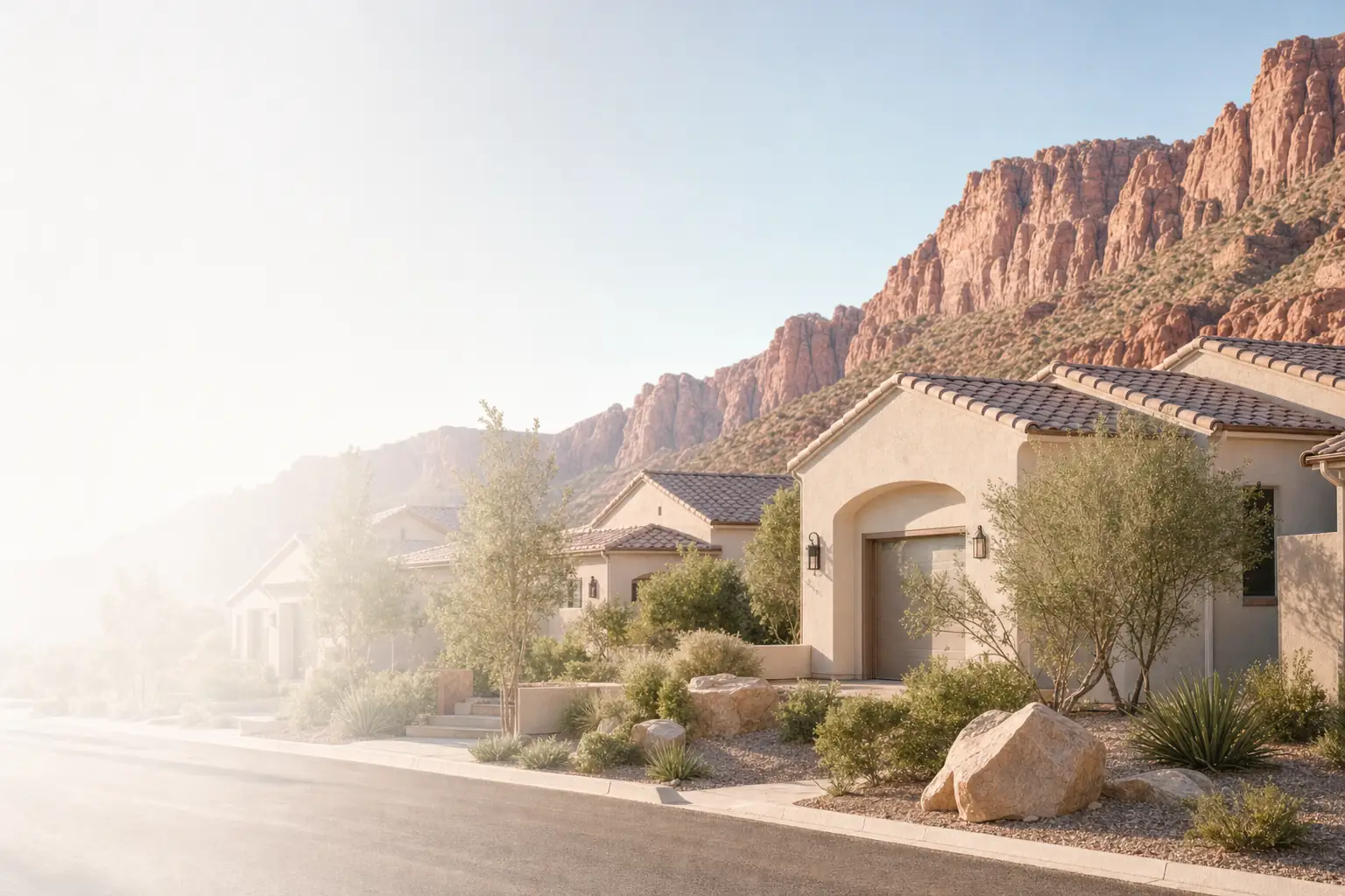 Quiet Southern Utah street of single-story desert homes below red sandstone cliffs