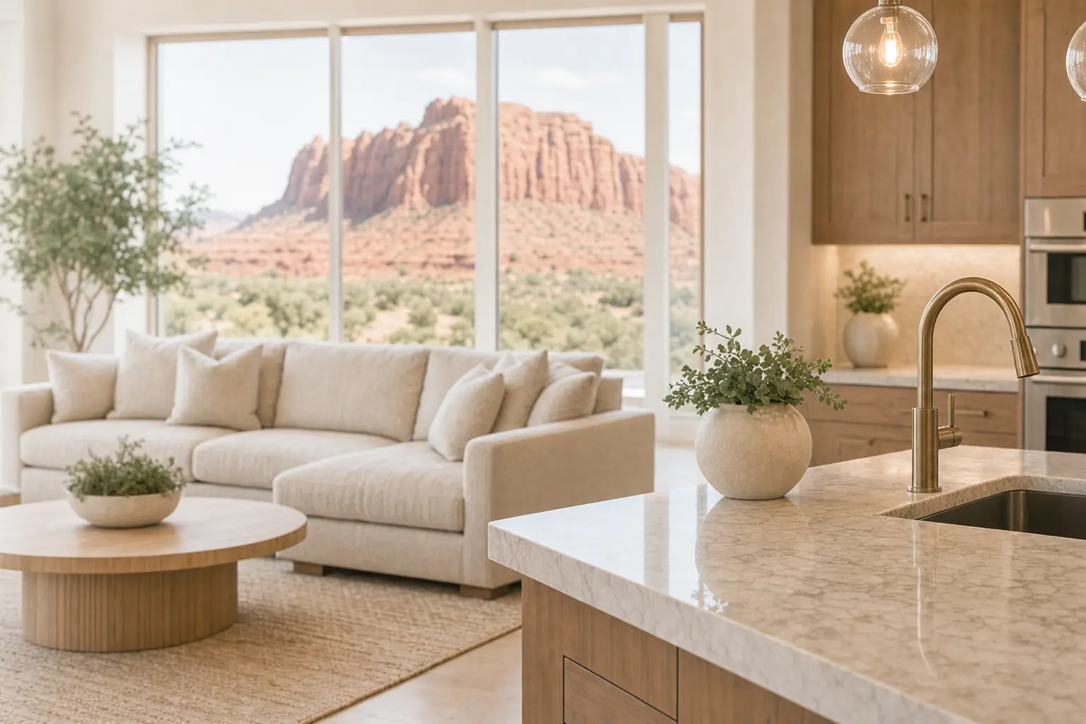 Bright, freshly cleaned open living room and kitchen in a Santa Clara, Utah home