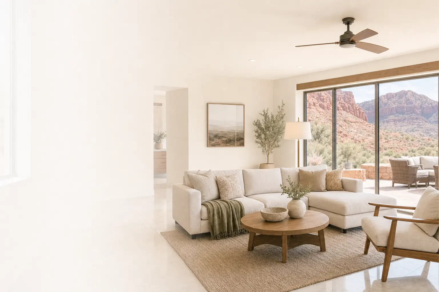 Clean open living area in a St. George, Utah home with red rock views