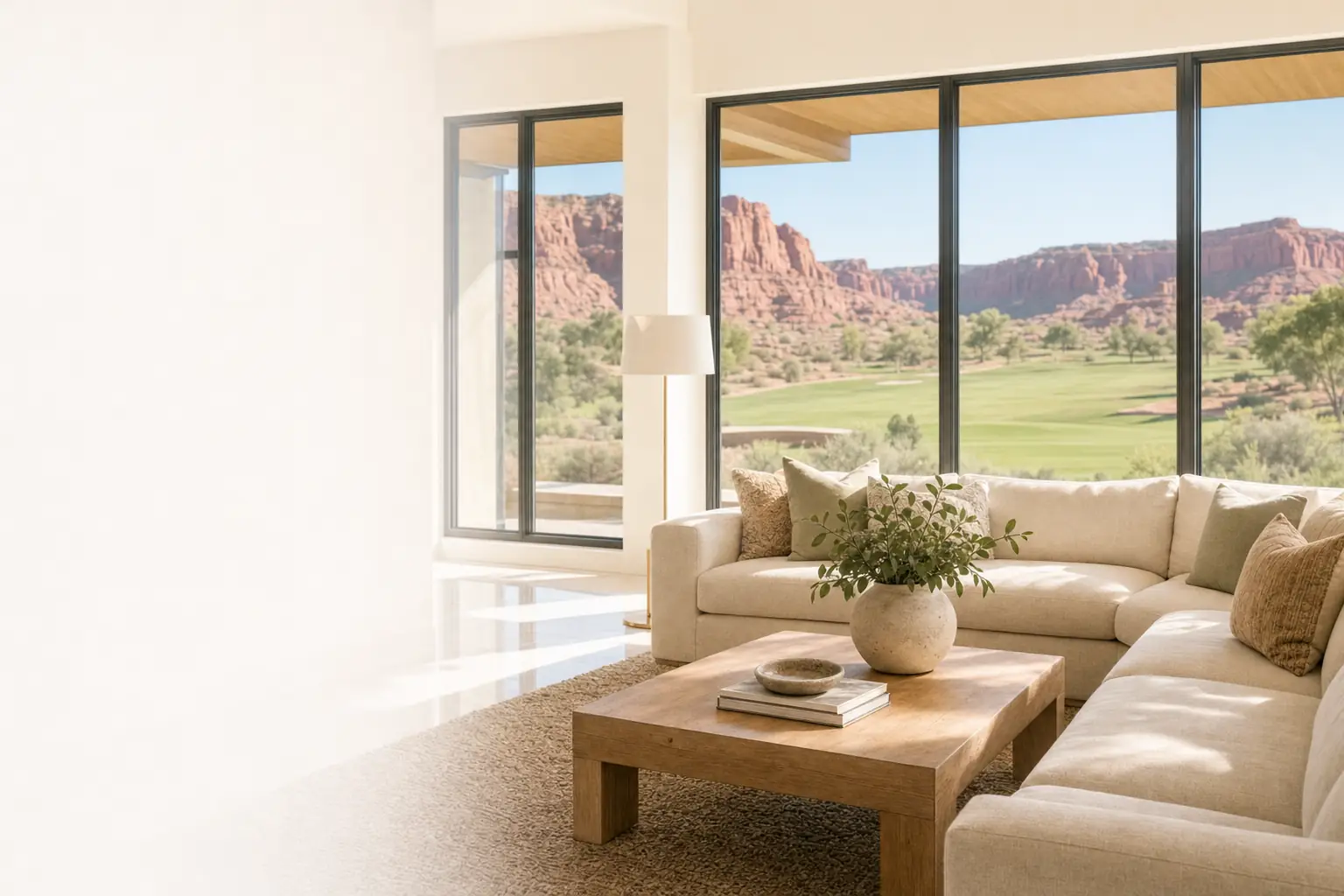 Clean family room in a home at The Ledges with red cliff views