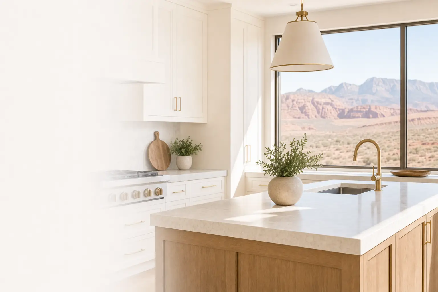 Clean kitchen in a newer Washington, Utah home with desert hill views