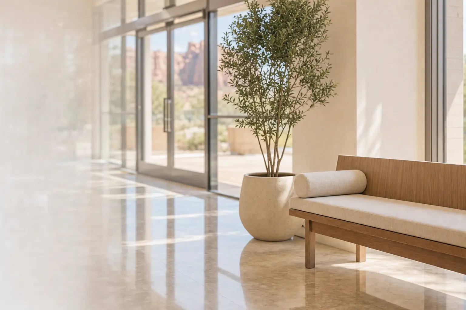 Clean stone-floored lobby in a St. George, Utah building
