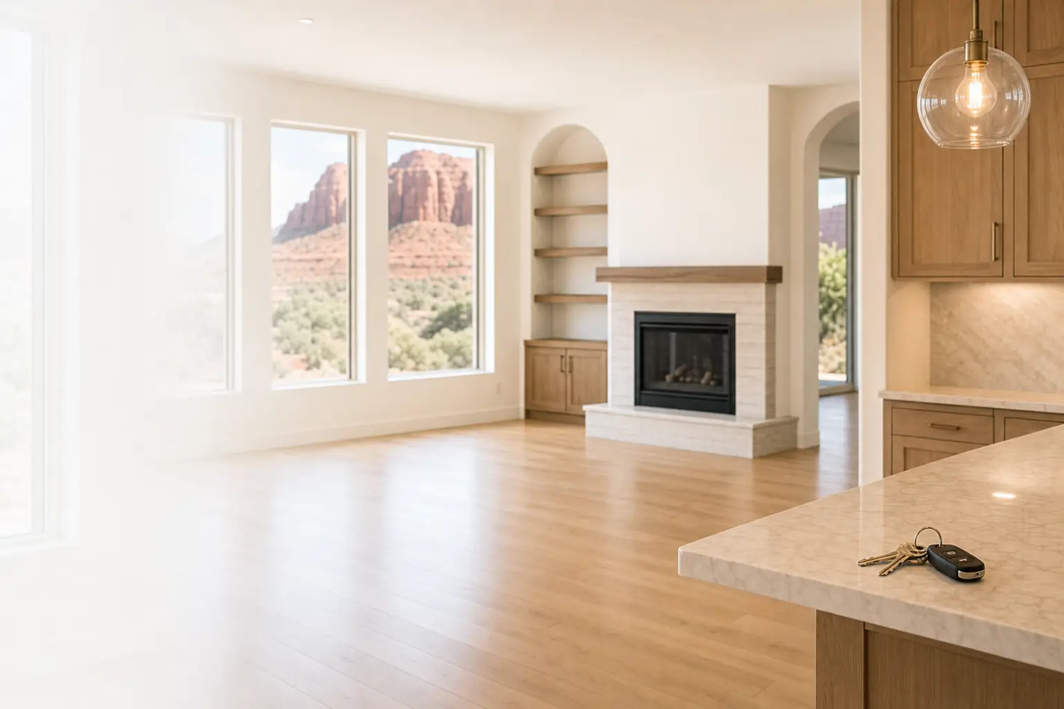 Empty, freshly cleaned kitchen with open cabinets in a Santa Clara, Utah home