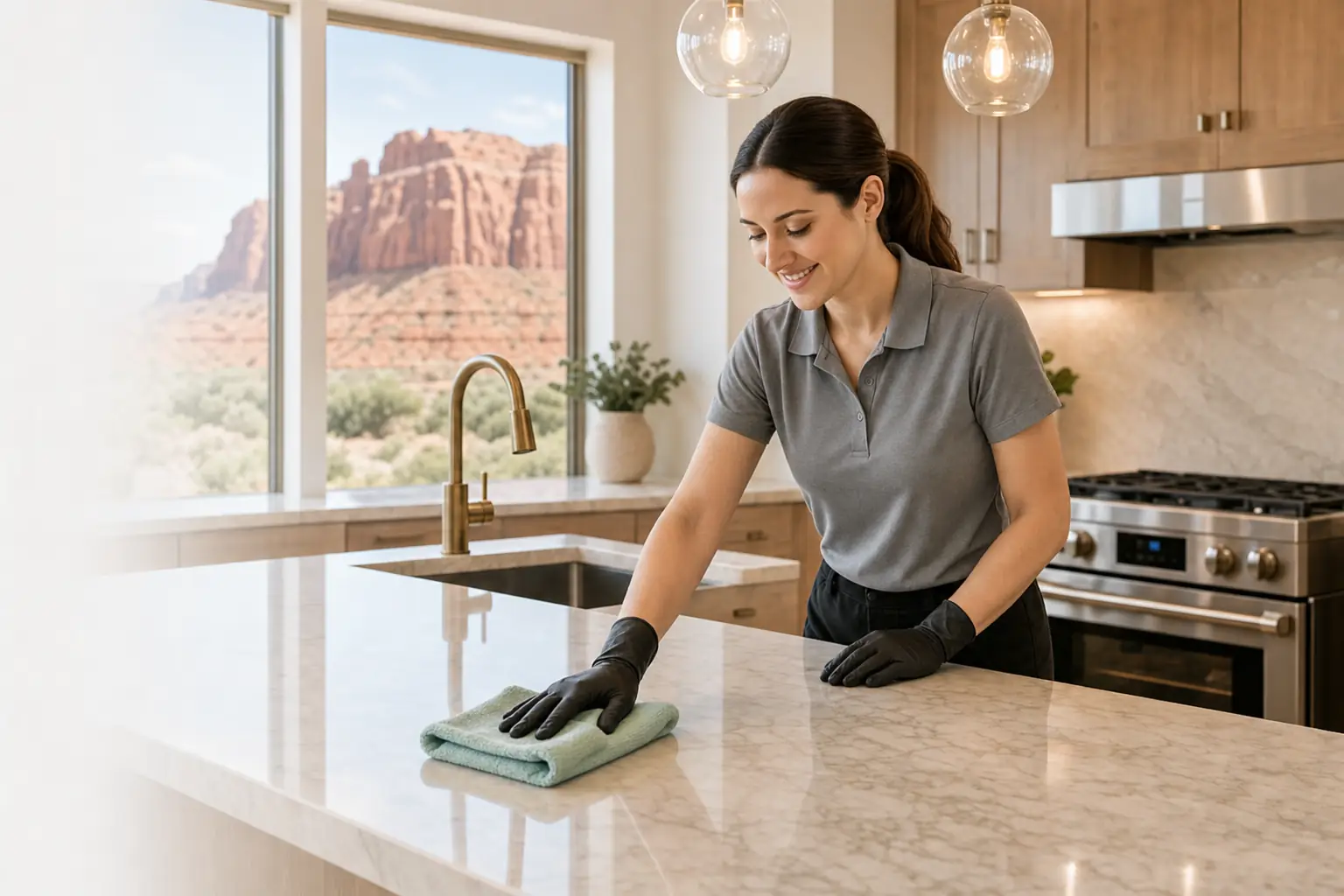 House cleaner wiping a marble kitchen island in a Santa&nbsp;Clara, Utah home
