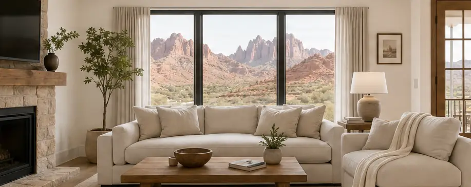Quiet, clean living room in a closed-up Santa Clara, Utah second home with soft light