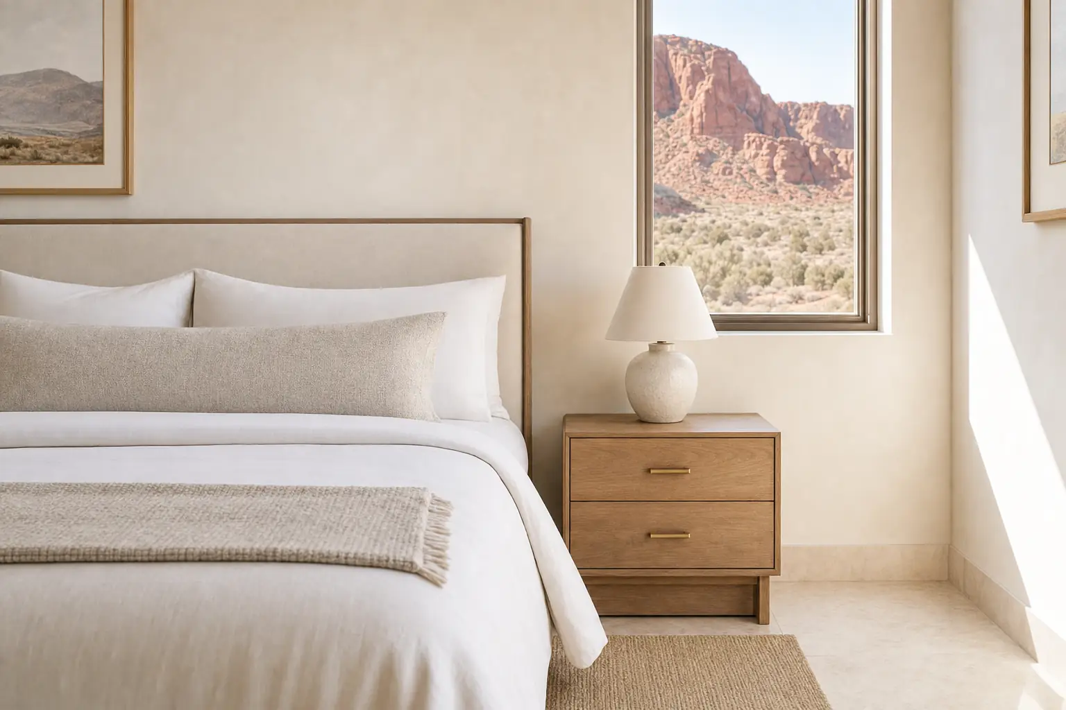 Calm guest bedroom in a Southern Utah second home with a freshly made bed and red rock cliffs outside