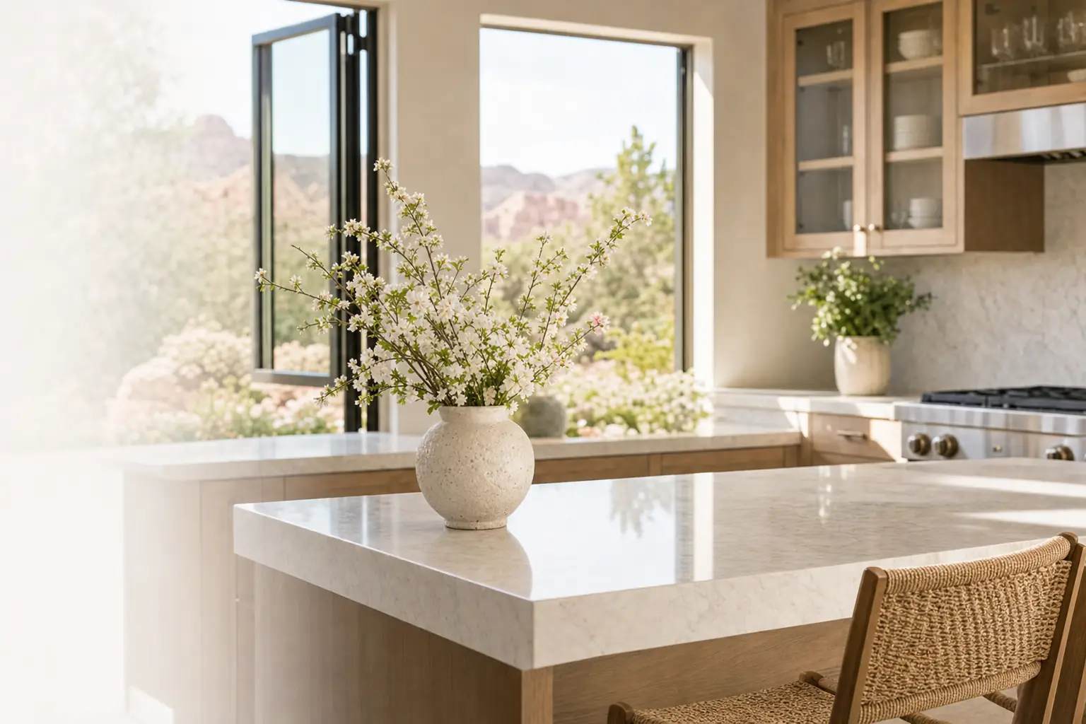 Bright, freshly cleaned living room with open blinds in Santa Clara, Utah