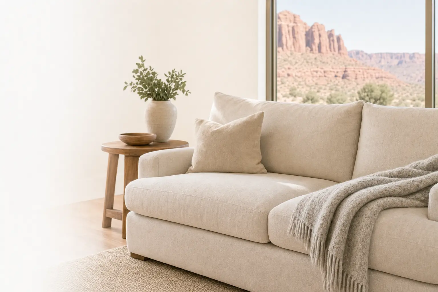 Clean fabric sofa with fresh cushions in a sunny St. George, Utah living room
