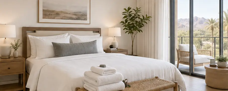 Neatly made bed with folded white towels in a calm Southern Utah bedroom
