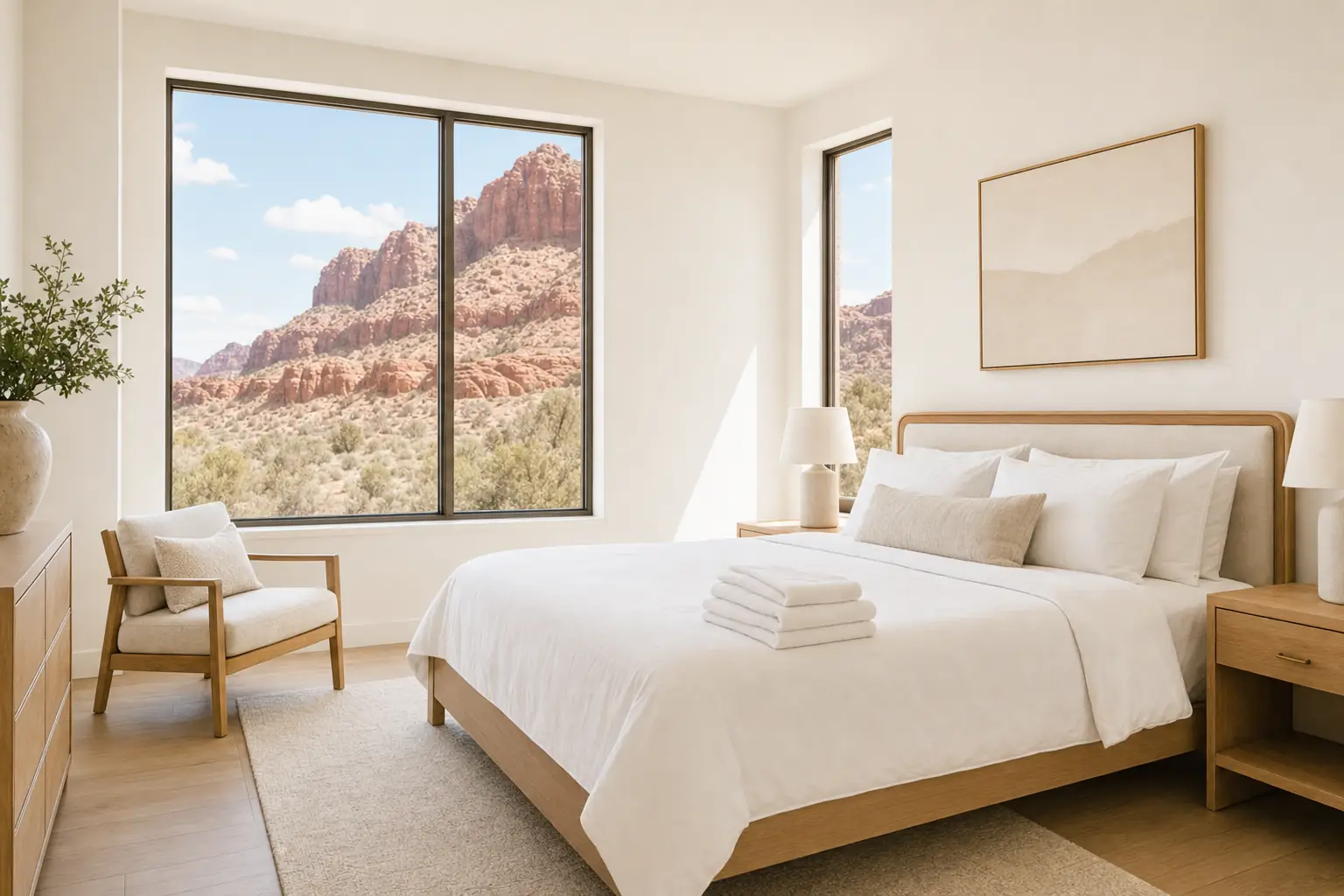 Guest-ready vacation rental bedroom in Southern Utah with folded white towels